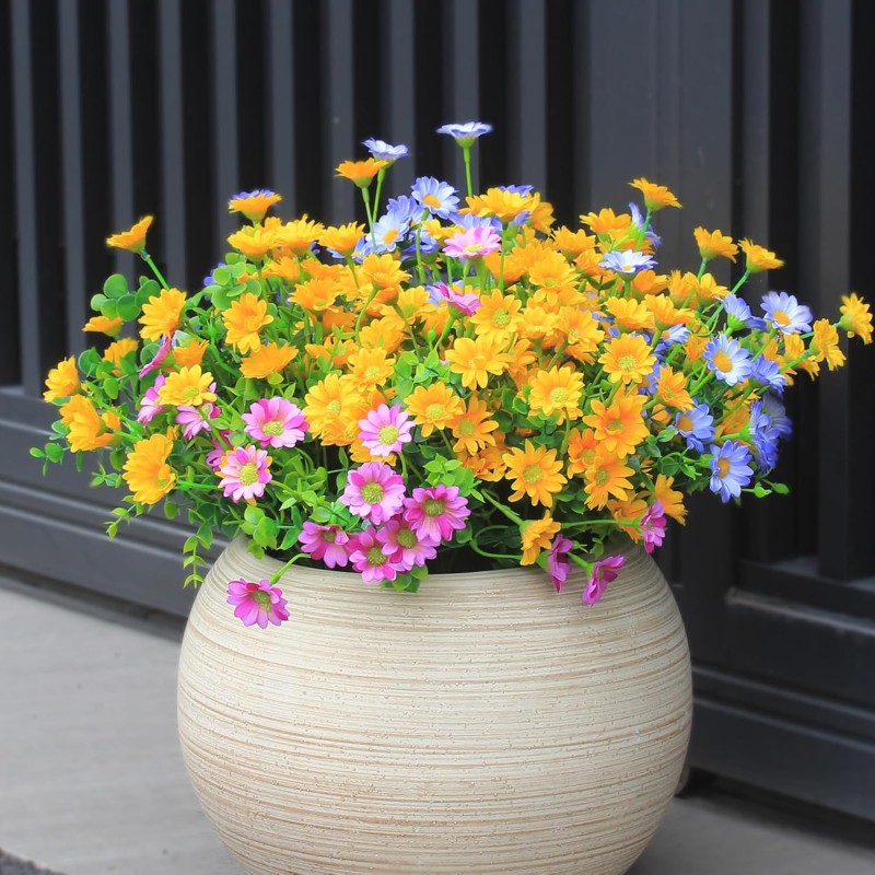 Artificial Flowers for Outdoors 16 Bundles UV Resistant Plants Yellow Faux Sile Daisy Fake Plastic Eucalyptus for Home Planters Porch Patio Yard Decor (16 Bundles NO.Y)