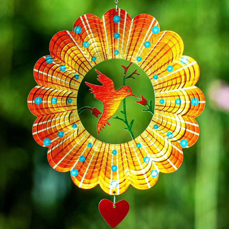 Wind Spinner - 12-Inch 3D Stainless Steel Lovebird Design with Heart Pendant - Laser Cut Metal Art Geometric Pattern - Hanging Kinetic Yard Garden Decor